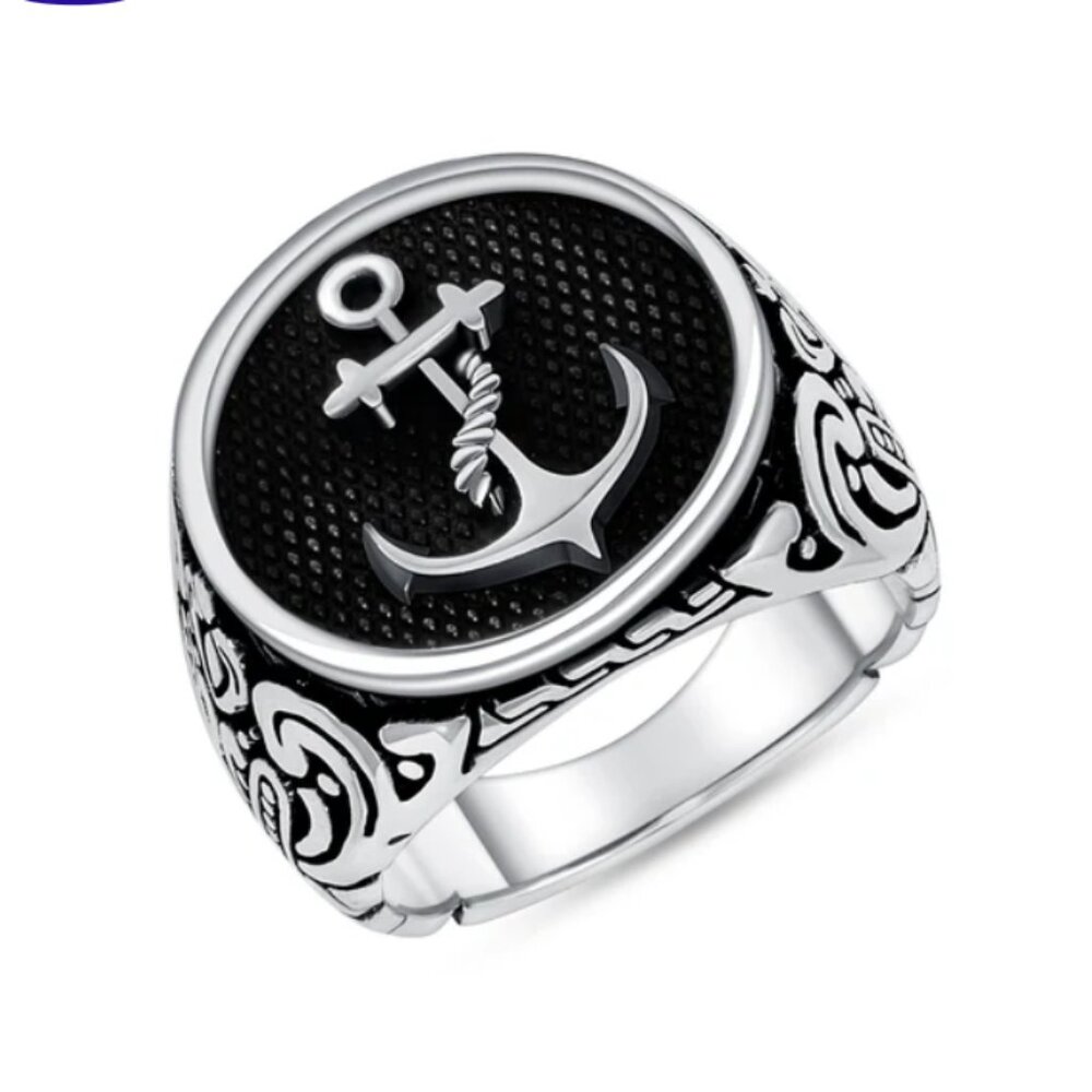 Sterling Silver 925 Anchor Round Oxidized Men's Ring